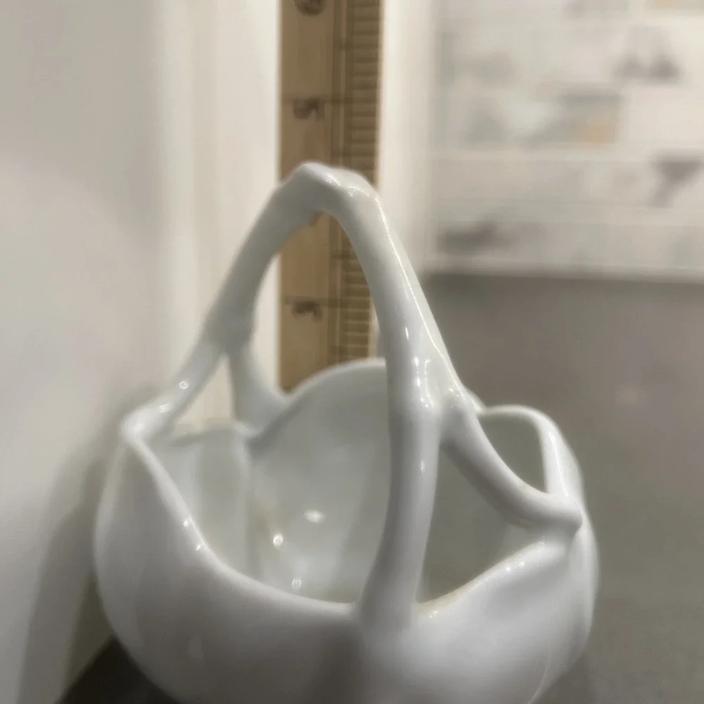 Giraud Limoges France Lotus Petal White Porcelain Basket Bowl With Handle